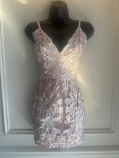 PrettyLittleThing Nude Embroidered Lace Bodycon Mini Dress UK 4 Occasion Party