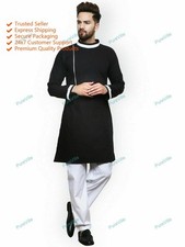 Mens Kurta Black Cotton Indian Kurat Solid Plain Full Sleeves Casual T Shirt Men