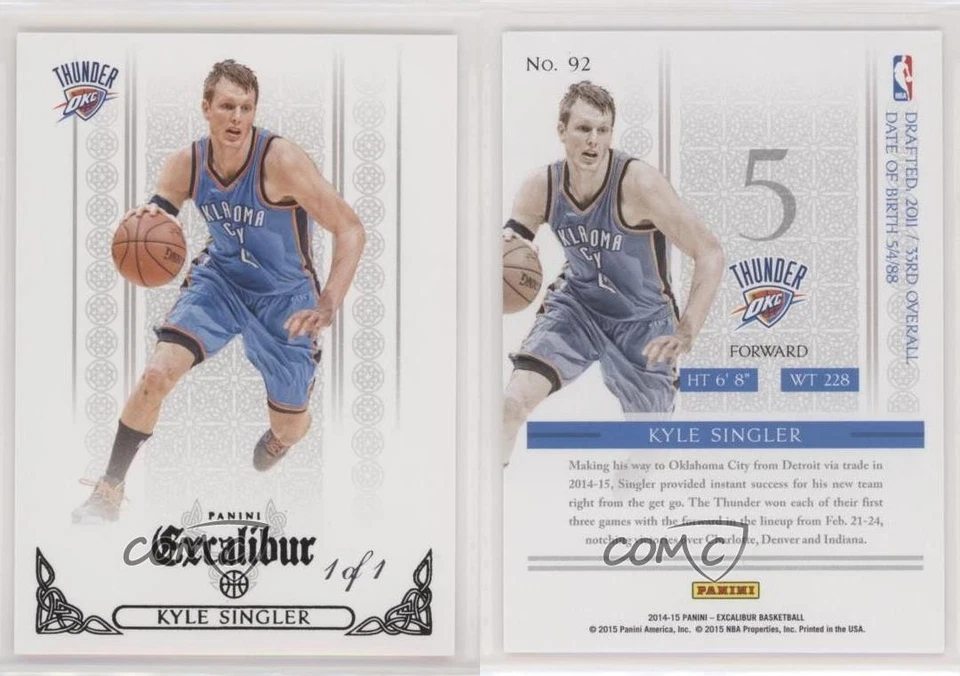 2014-15 Panini Excalibur Black 1/1 Kyle Singler #92 0c3 - Image 3 of 3