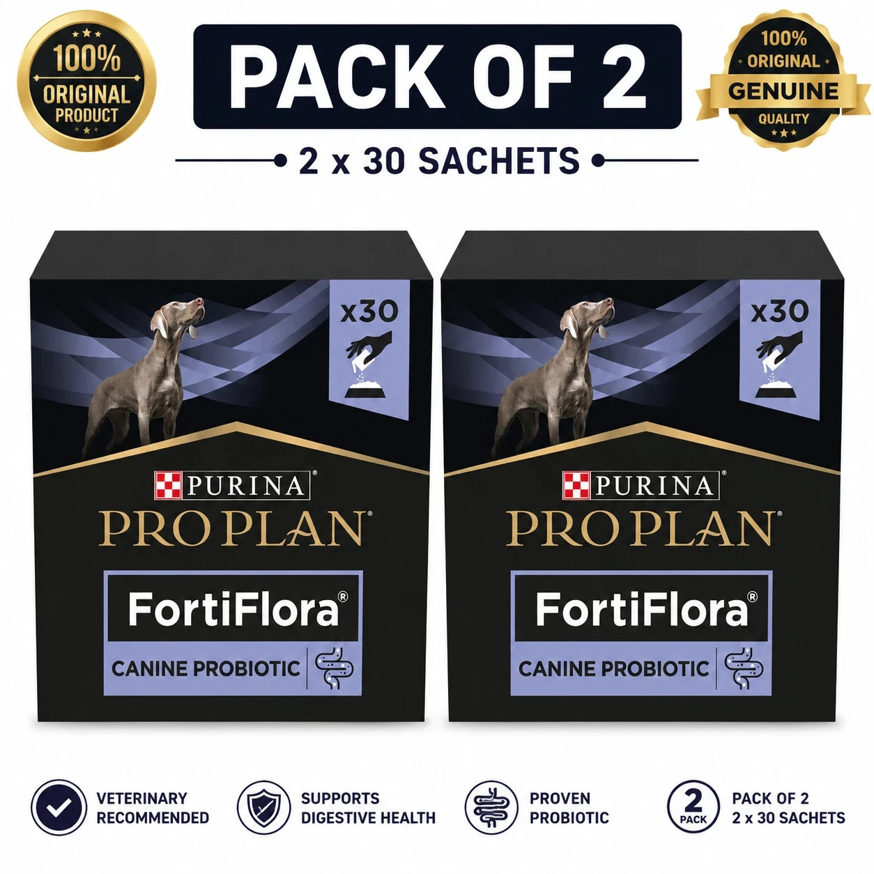 x2 Purina Pro Plan FortiFlora Dog Probiotic Supplement 30 x 1g Sachets Exp 12/28