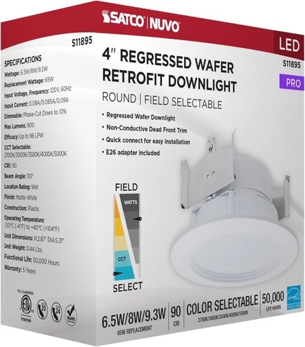 Satco S11895 - 6.5/8/9 Watt 4" LED Regressed Downlight CCT Select (1, 2 or 8 PK) - Picture 5 of 10