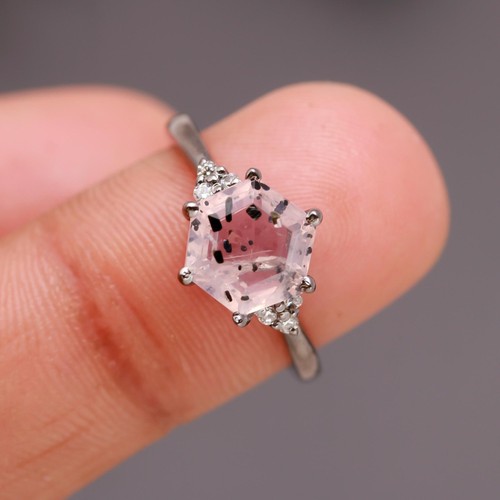Natural Pink Dot Quartz Hexagon Ring 925 Sterling Silver Black Oxidized Jewelry - 第 19/24 張圖片