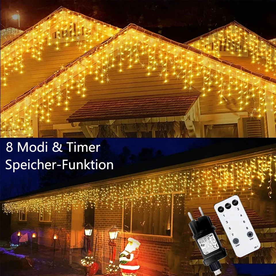 Lichterkette Eisregen LED Außen Innen Eiszapfen Beleuchtung Weihnachtsdeko Strom