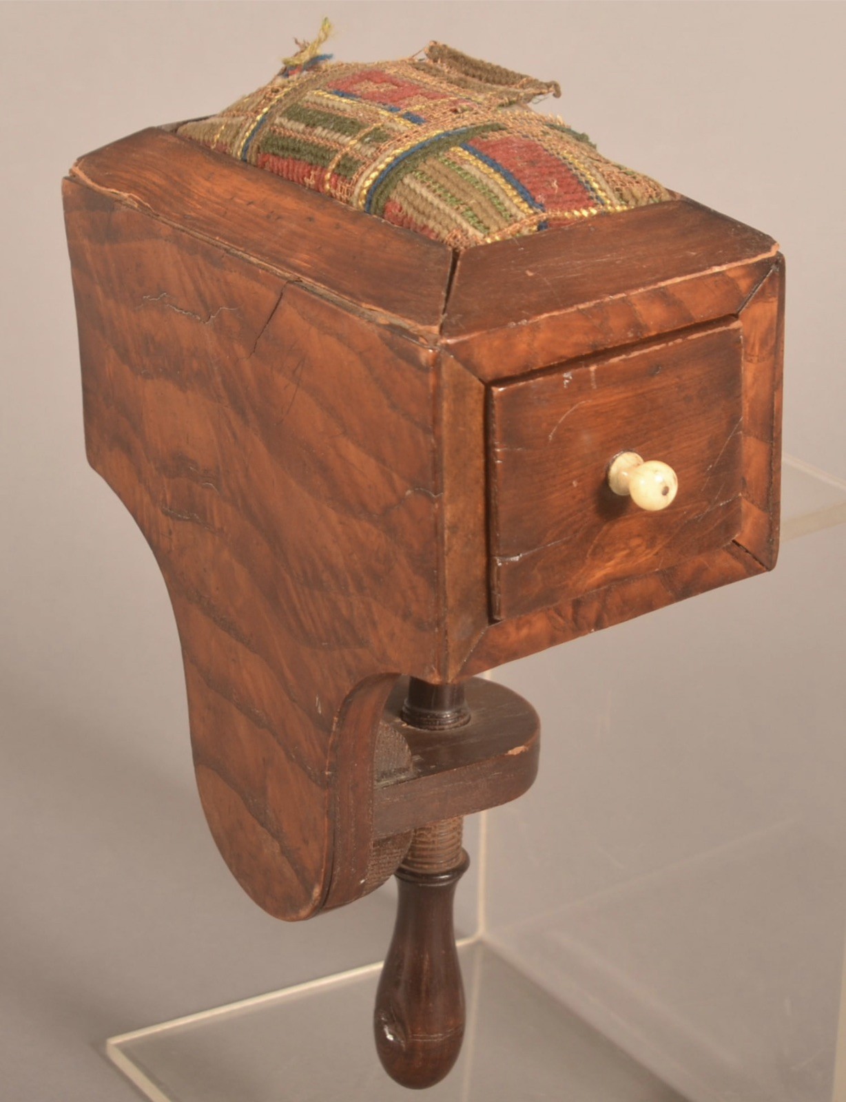 Beautiful Antique Victorian Wooden Sewing Table Clamp Pincushion With Box Drawer