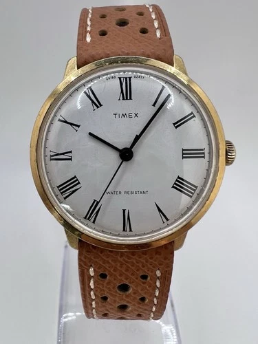 Timex Marlin 1977 White Dial Gold Tone Roman Numeral Mens Vintage Manual Wind