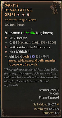 Diablo 4 S14 Season 14 - 3GA Gohr's Devastating Grips - Strength, Whirlwind, Res