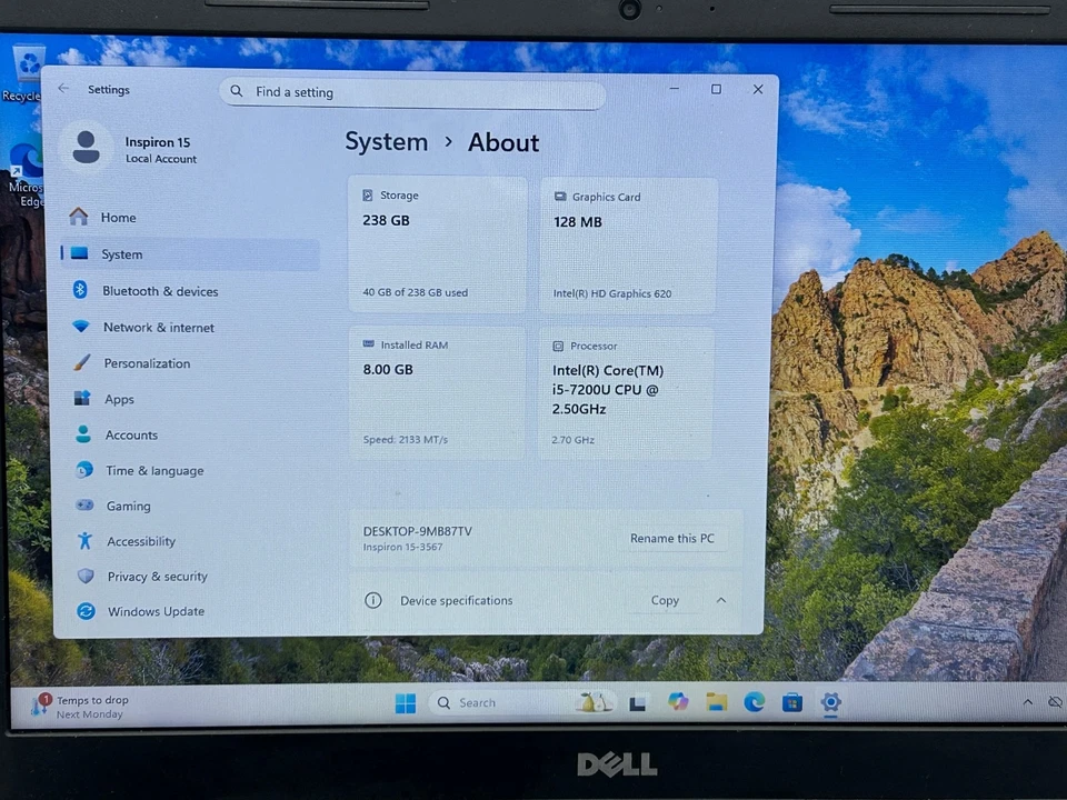 Laptop Dell Inspiron 15 3567 i5-7200U 2,50 GHz 8 GB RAM 250 GB HDD Win 11 Home Foto 2 de 4