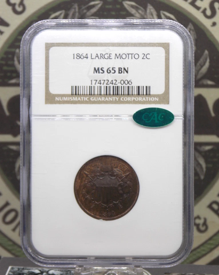 1864 Two Cent Piece *LARGE MOTTO* 2c NGC MS65 BN CAC #006 Gem Unc ECC&C, Inc. - Image 3 of 4