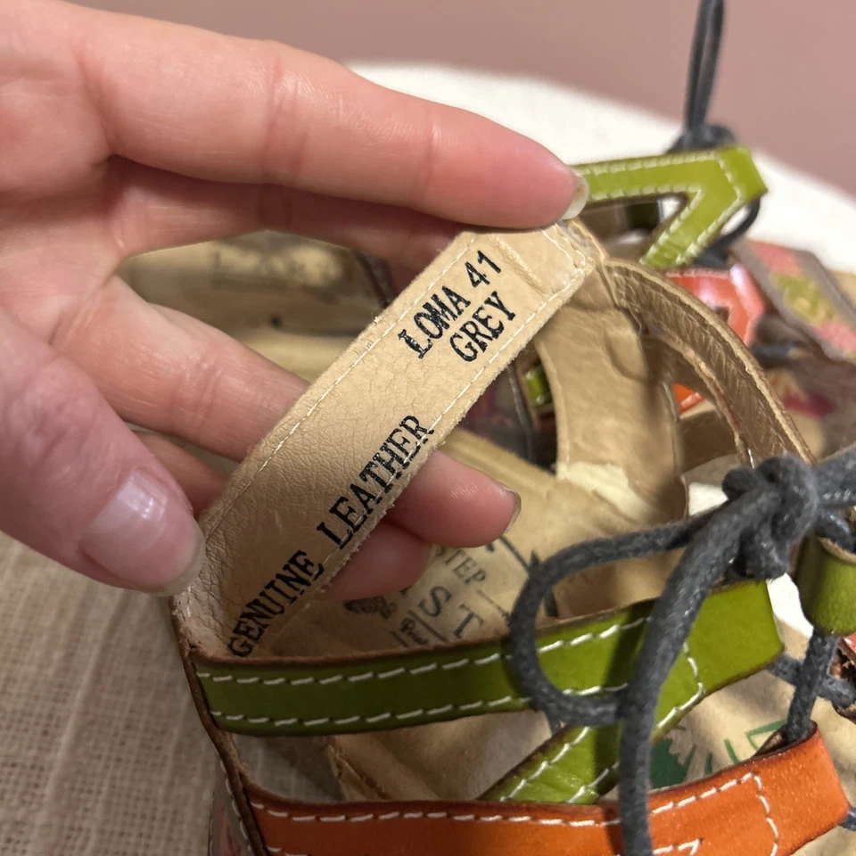 Spring Step L'Artiste 41 Gray Floral Leather Loma Lace Up Cork Wedge Sandals 9.5 - Image 3 of 4