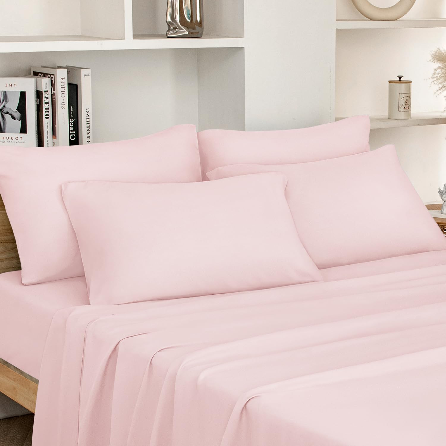 HOMEIDEAS Queen Size Bed Sheets - 6 Piece Set (Pale Pink) - Extra Soft Brushed M