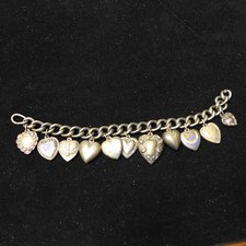 Vintage Art Nouveau Sterling Silver 11 Puffy Heart Charm Bracelet