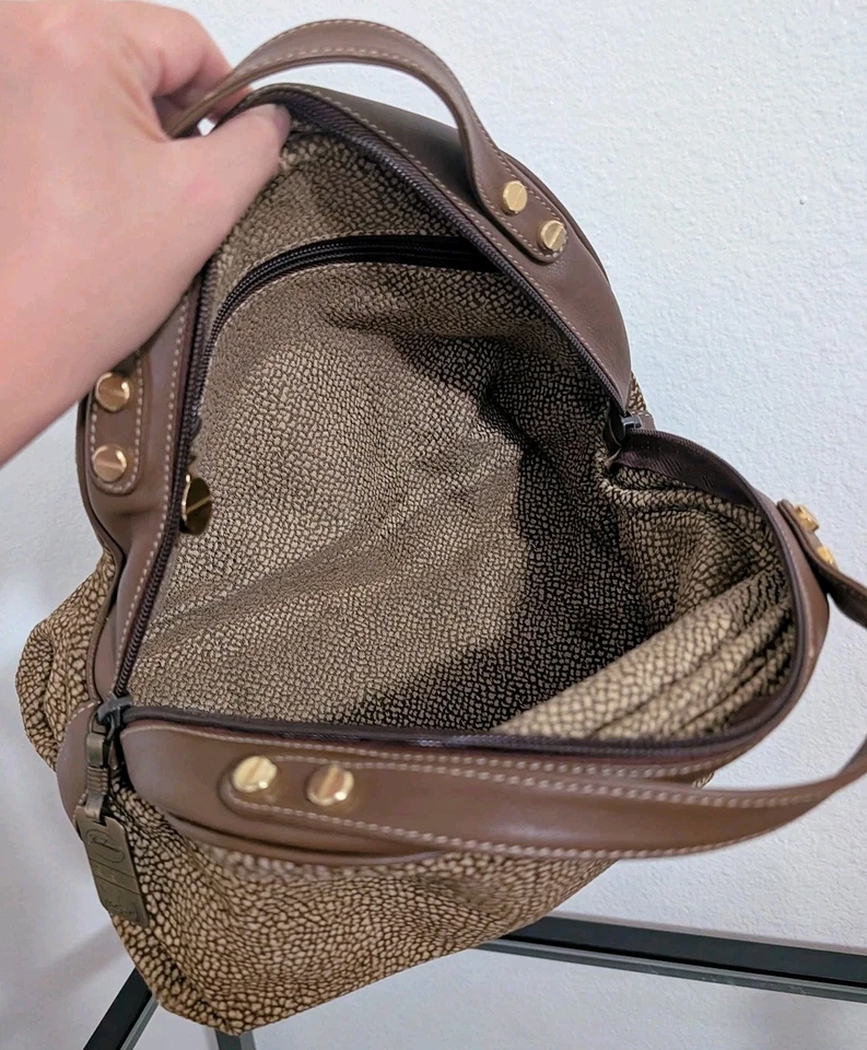 Vintage Borbonese Redwall Brown Tan Suede Leather Double Top Handle Bag Italy - Image 4 of 4