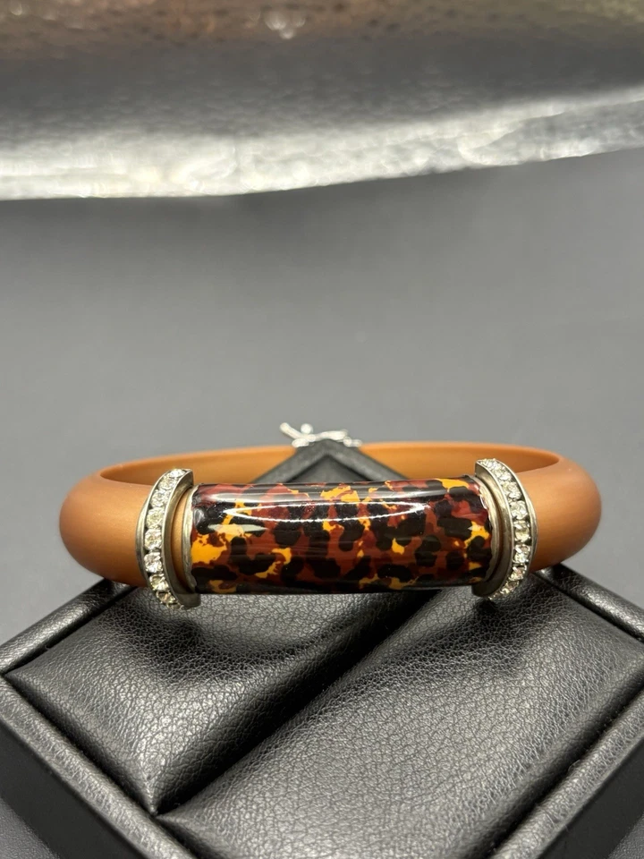 Brazalete de goma marrón con caparazón de tortuga esmalte circonita cúbica de plata de ley de 7" Y25 Foto 2 de 4