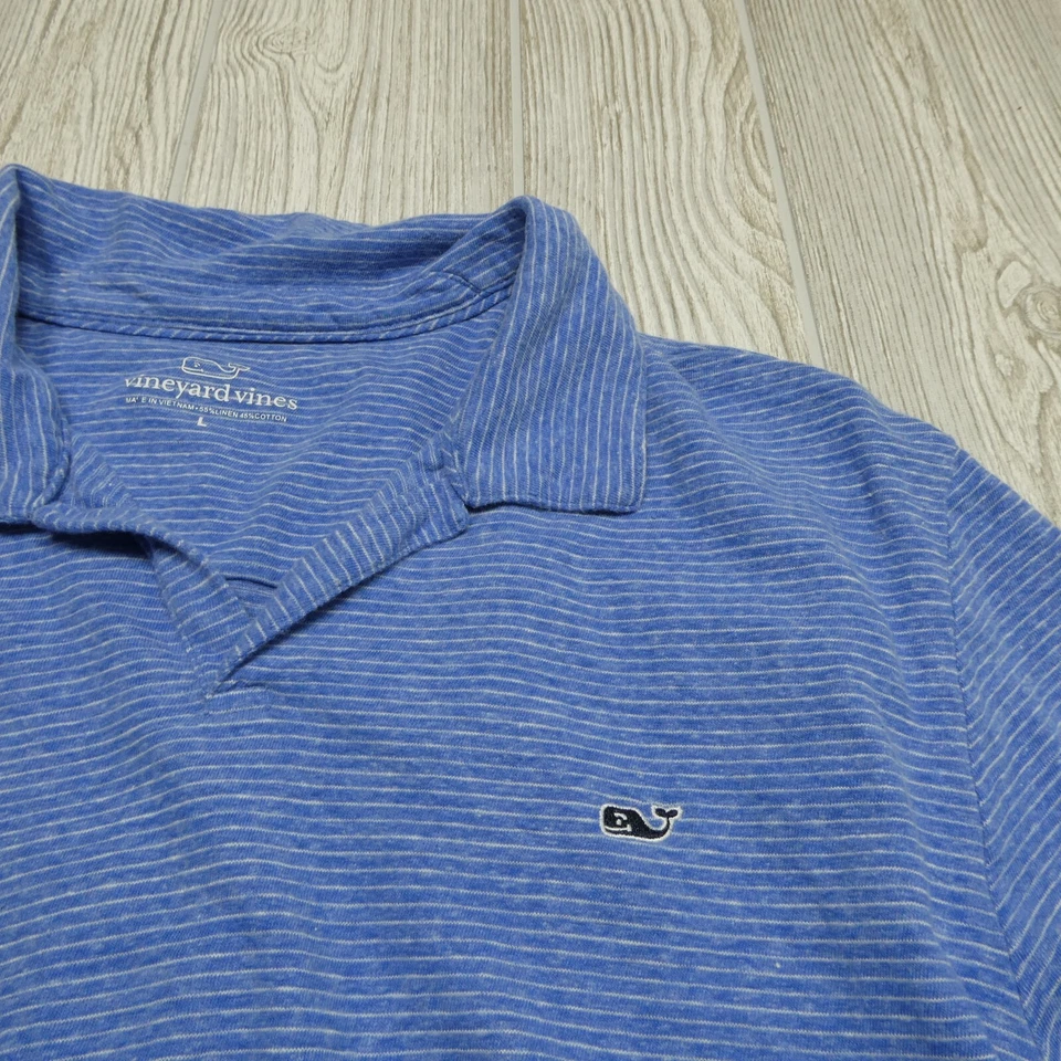 Camisa Polo Vineyard Vines Mezcla de Lino Adulto Grande Azul Rayas Manga Corta Foto 2 de 4