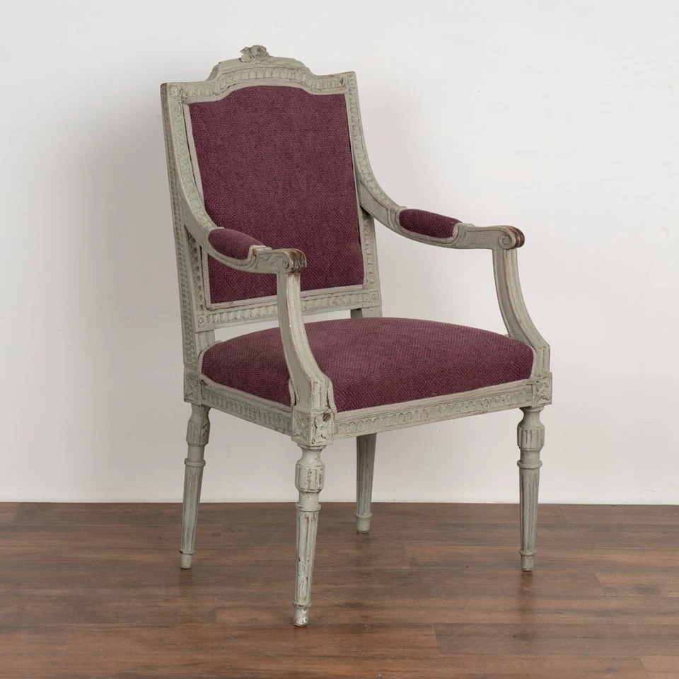 一对,古董灰色绘画古斯塔维亚扶手椅,瑞典约 1880 年 — 第 2/4 张图片