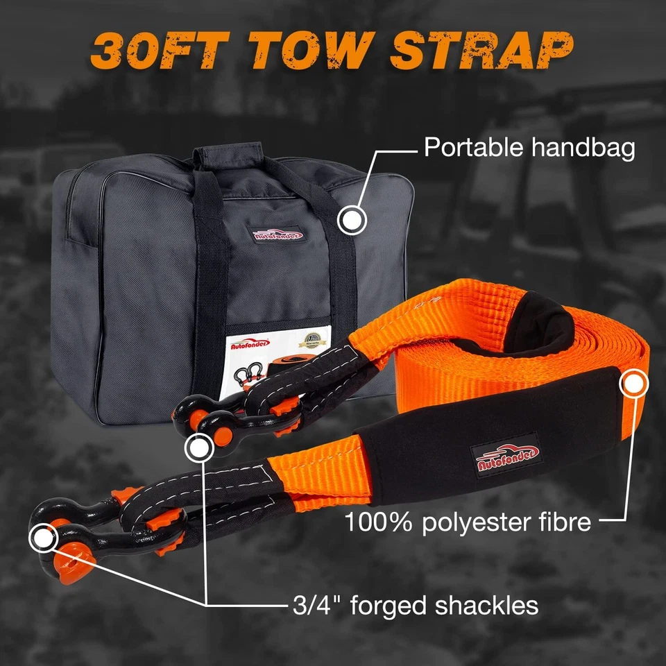 Recovery Kit 12T 9M*75MM Heavy Duty 4WD Snatch Strap+2 Bow Shackle - image 2 of 4