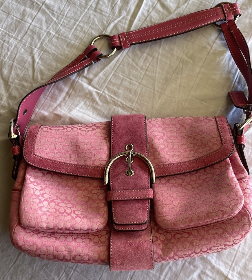 Coach Pink Soho Signature Canvas Flap Shoulder Bag with Snap Closure
