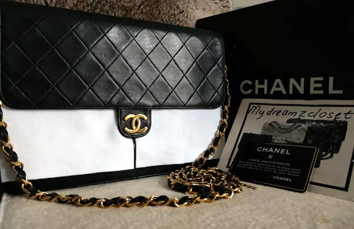 FULL SET CHANEL Classic Vintage Black Lambskin 24K Gold Chain Clutch Flap  Bag