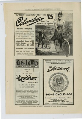 1898 Columbia, Rambler, Monarch, Bicycle Ads, on Same Pg. REV Dietz Bike Lamp