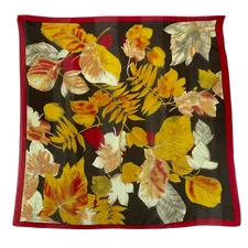 Fall Autumn Leaves Scarf Brown Gold Red Orange Ivory Italy Made 34 Inch Square 