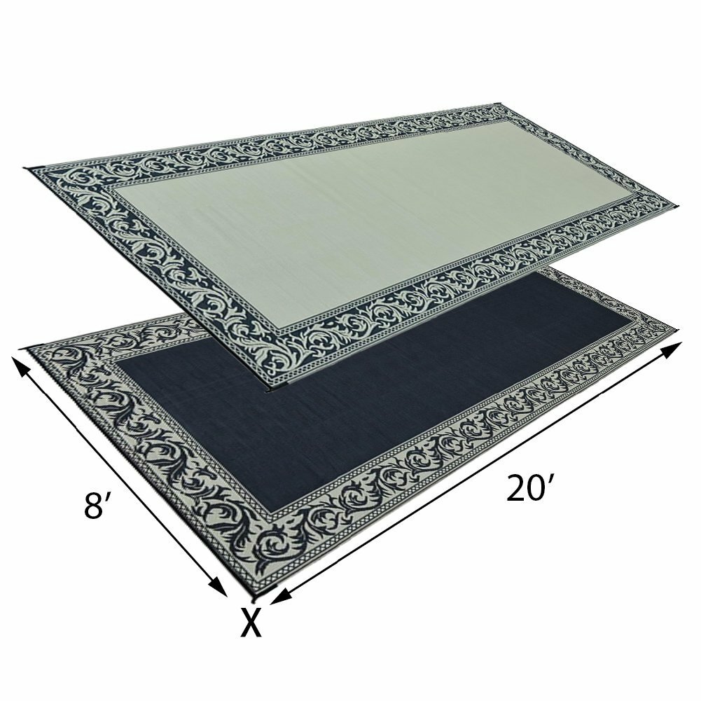 Outdoor Patio Deck RV Mat Reversible Rug 8 x 20 ft Foldable Black Beige