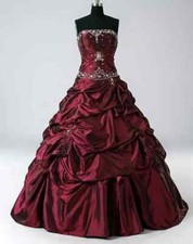 Vintage Burgundy Taffeta Wedding Dress Ruched Strapless Floor Length ALine Brida
