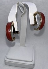 Vintage Estate Earrings Made In USA Enamel Hoops Gold Tone Clip On Burgundy Red