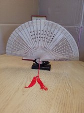 VINTAGE 1990s China Hangzhou Wangxingji Sandalwood Fan w/ Stand and Display Case