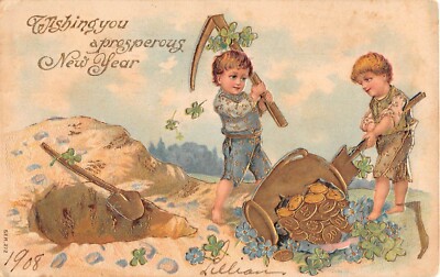 1907 Gilded New Year PC-Little Boys Dig Up Vase Filled With Gold Coins-Clover