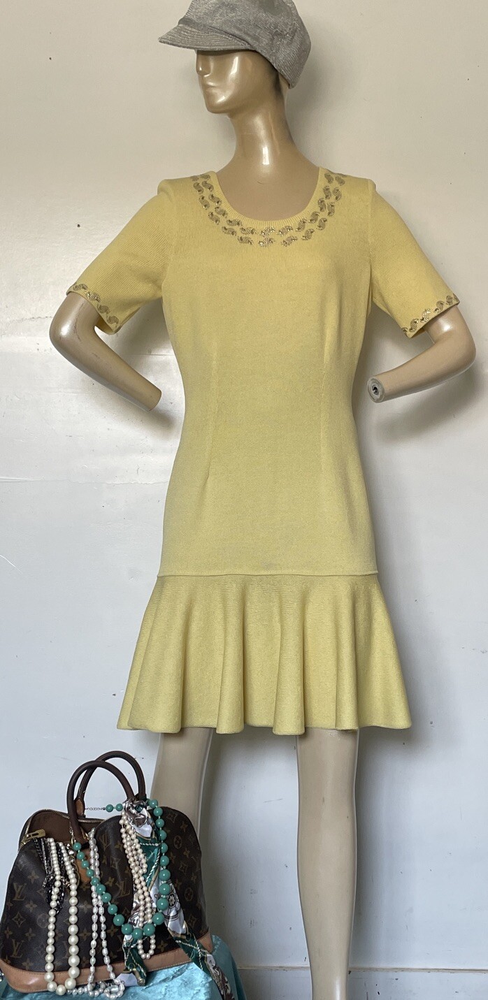 Vintage Elisabeth Custom Knits Flip Dress Lemon Yellow Gold Accents Rare 1980s