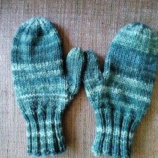 Green Blue White Striped Knit Wool Wrist Mittens for Winter. 5-7 years old kids