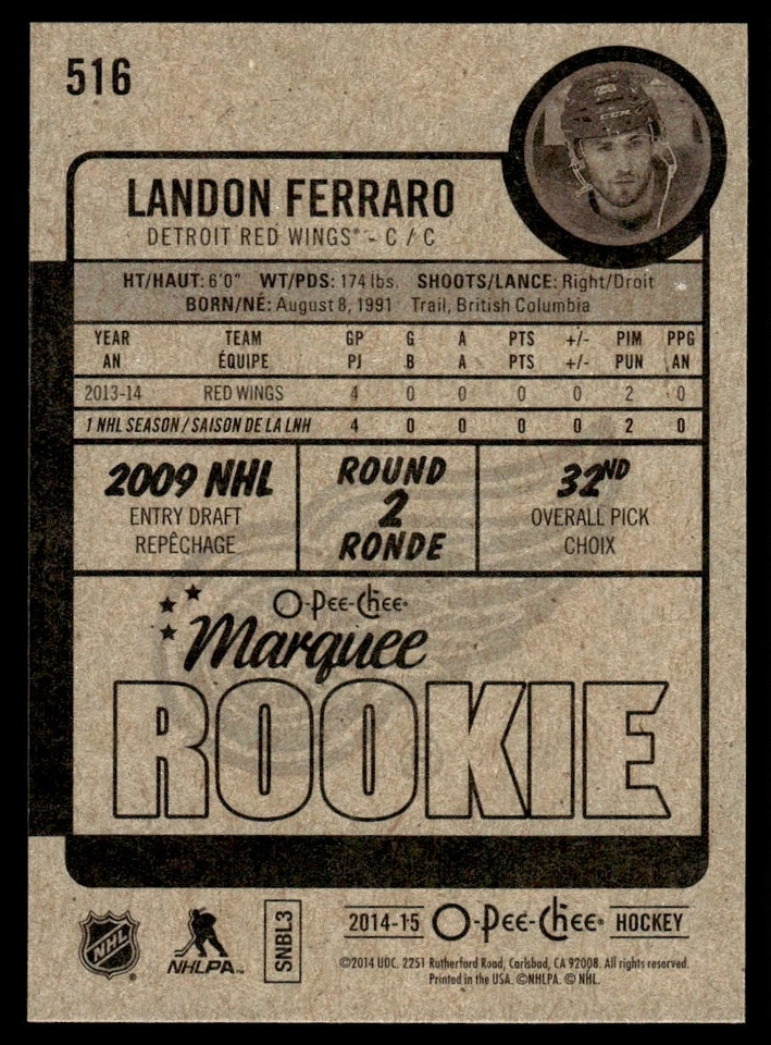 2014-15 O-Pee-Chee MARQUEE ROOKIE Landon Ferraro Rookie Detroit Red Wings #516 - Image 2 of 2