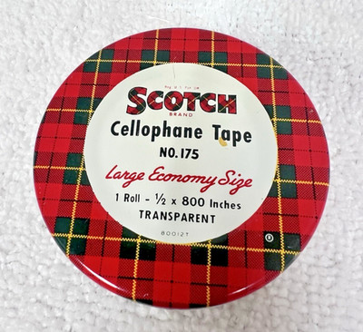 Vintage Scotch Cellophane Tape Large Economy Size Plaid Litho Tin Container Dais