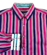 Robert Graham X Men's TAILORED FIT Flip Cuff Navy Blue Pink Stripe Shirt Large
