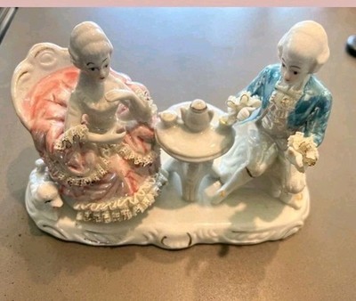 Vintage Victorian Couple Porcelain Figurine Statue Lace Detail Tea Party EVC