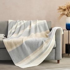 Throw Blanket, Soft Cozy Fluffy Striped 50 60 Inch, Stripe Grey Khaki