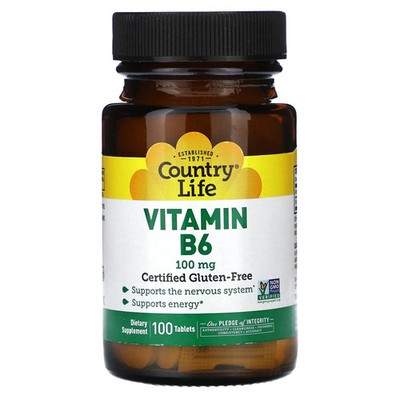 Country Life Vitamin B6 100 mg 100 Tablets Gluten-Free, GMP Quality Assured,