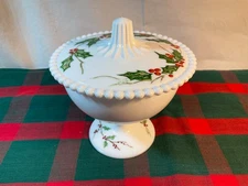 Vintage Milk Glass Hand Painted Pedestal Covered Candy Dish With Beaded Lid