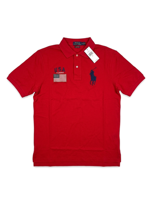 Ralph Lauren Mens Big Pony Navy Red USA America Flag Patch Polo