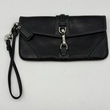 RARE VINTAGE COACH BLACK LEATHER WRISTLET HOOK CLASP CLUTCH CONTRAST STITCH