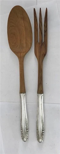 Lovely Wallace Stradivari Pattern Sterling Handle Salad Set 11" 1937 +Olive Wood