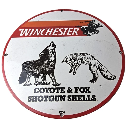 Vintage Winchester Porcelain Sign - Shot Gun Shells Coyote Fox Gas Pump Sign