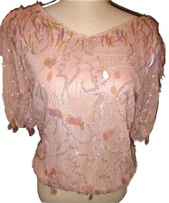 Vintage 1980 Medium GREG ADAMS 100 Pure SILK Bead Pink Top Blouse Shirt Sparkles