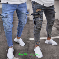 Men's Casual Elasticity Pocket Straight Stretch Skinny Jeans Denim Pants