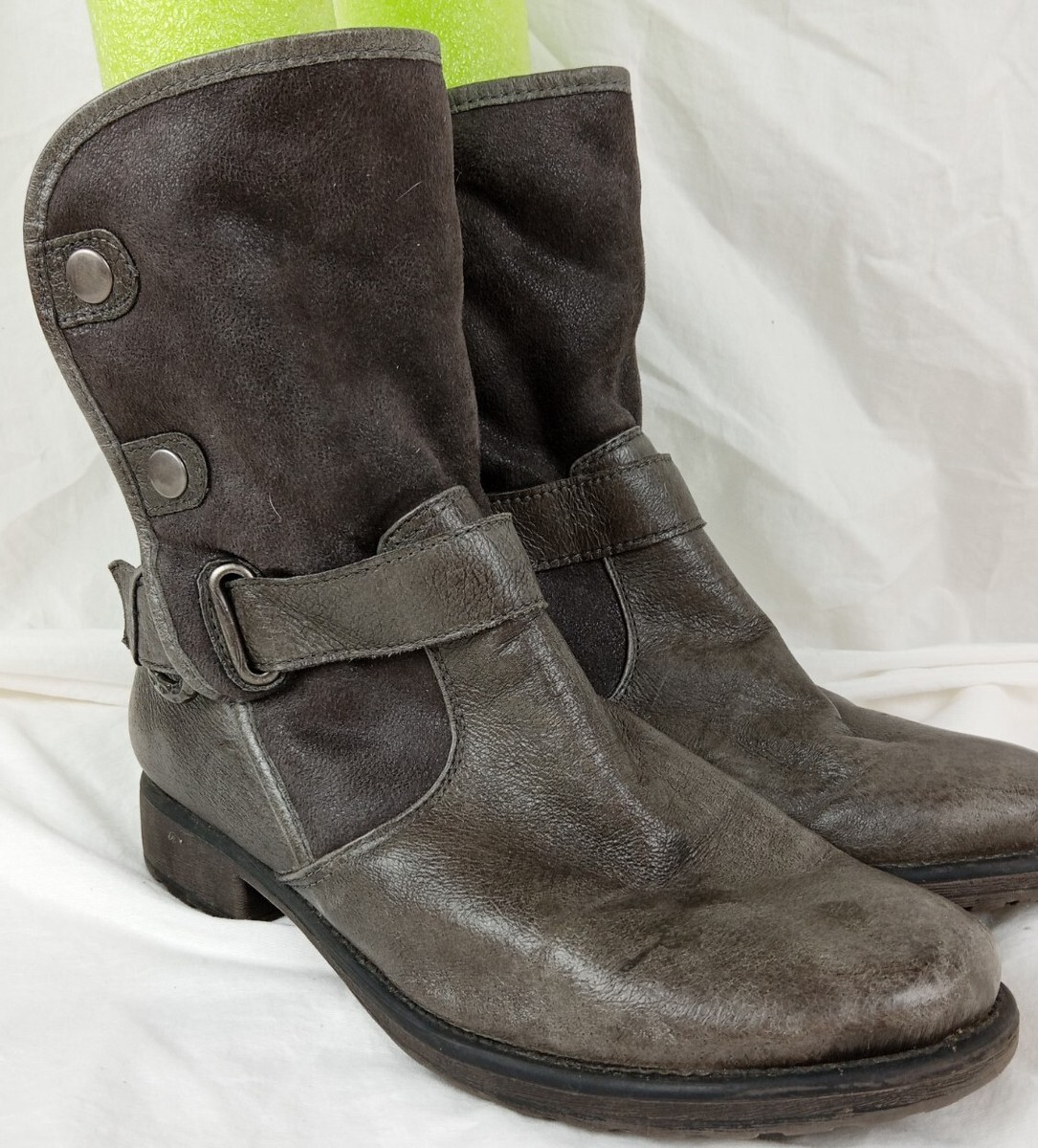 Bare Traps Select Gray Taupe Leather Ankle Boots Faux Fur Lined