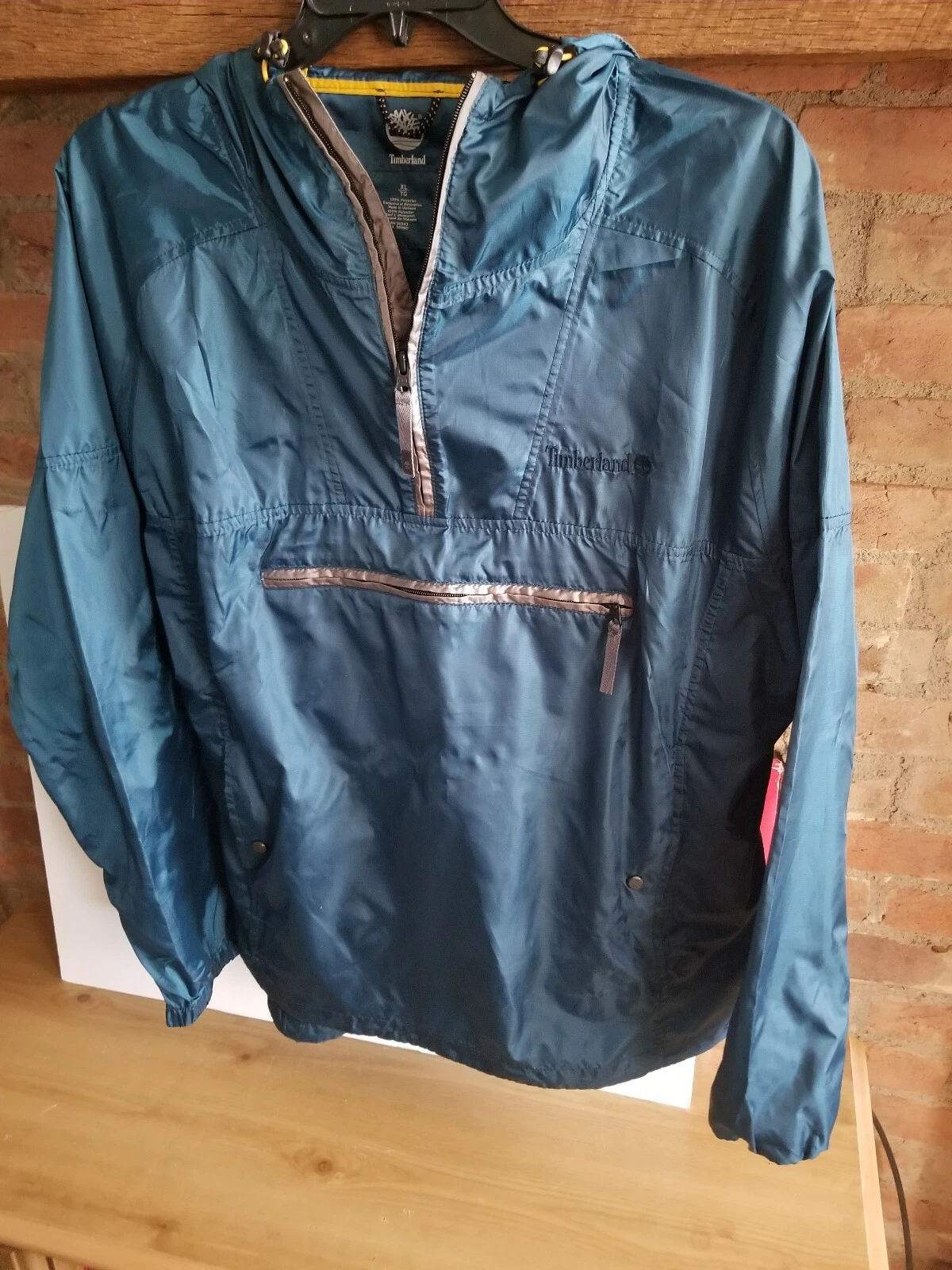 Men's Timberland Windbreaker Hooded Pull over Jacket 1/2 Zip Blueish Pouch A4