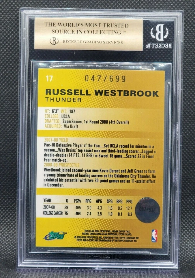 2008-09 Russell Westbrook Etopps /699 RC Rookie BGS 9.5 GEM MINT - Image 2 of 2