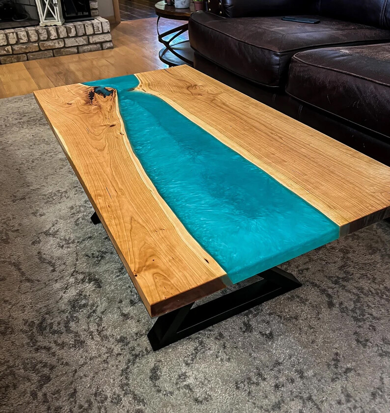 Black Resin River Dining Table Top Handmade Wooden Working Furniture Home Decor