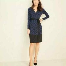 Ann Taylor Navy Blue Black Geometric Print Jersey True Wrap Dress Stretch 18