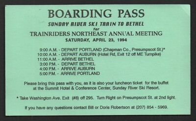 Maine - Sunday River Ski Train To Bethel Boarding Pass 1994 Free Shipping